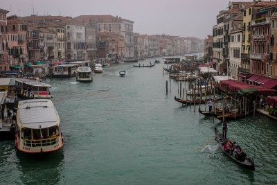 Numerous restaurants on both sides of Grand Canal in Venice