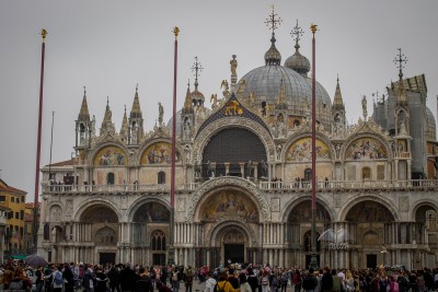 The west facade of St Mark's basilica, the main tourist attraction in Venice-Italy